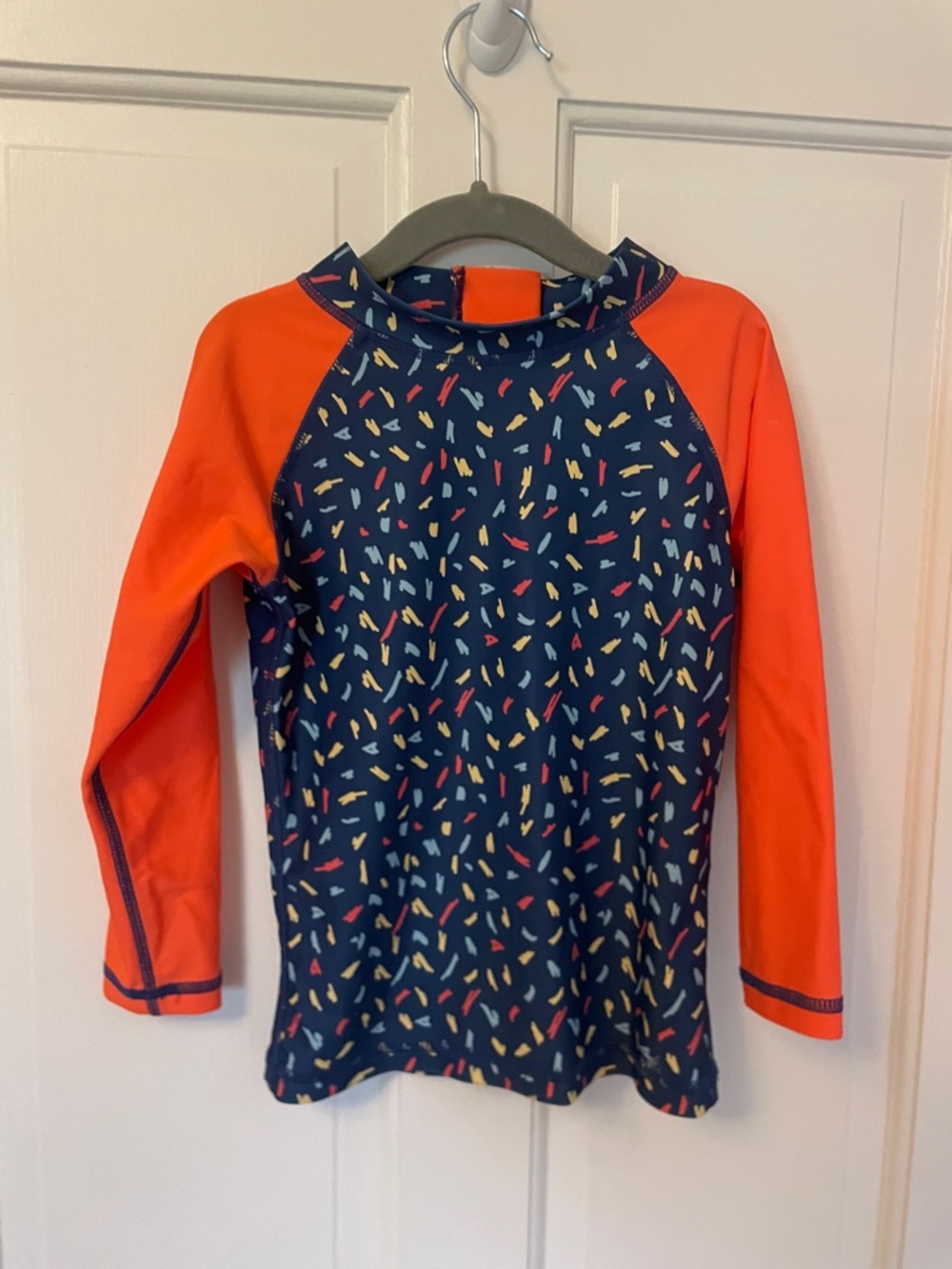 Kids Long Sleeve Rash Guard Swim Top - Navy Confetti with Orange Sleeves